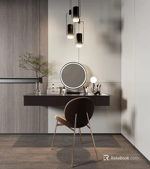 Modern Minimalist Dressing Table With Round Mirror Pendant Lights And Green Plant 3d model 