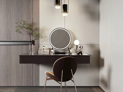 Modern Minimalist Dressing Table With Round Mirror Pendant Lights And Green Plant 3d model