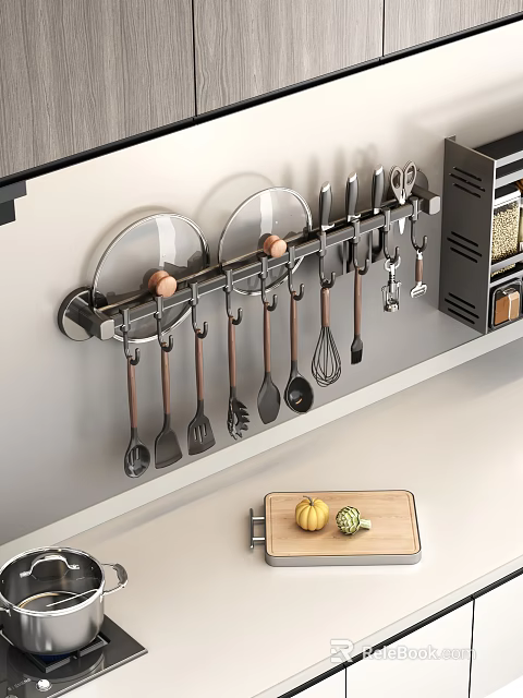 Wall Mounted Kitchen Utensil Rack With Hanging Tools Lids Spice Rack And Cutting Board 3d model