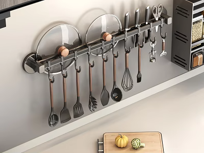 Wall Mounted Kitchen Utensil Rack With Hanging Tools Lids Spice Rack And Cutting Board 3d model