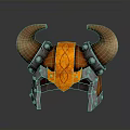 Medieval Weapon Helmet With Horns Orange Decorative Patterns And Metal Details