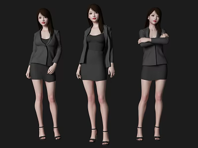 Business Women in Black Blazer and Dress with Different Standing Poses and High Heels 3d model