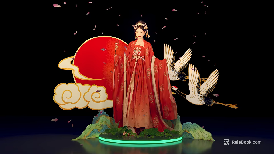 Elegant Traditional Chinese Female In Red Robe With Cranes Sun Clouds And Falling Petals 3d model 