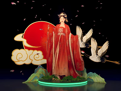 Elegant Traditional Chinese Female In Red Robe With Cranes Sun Clouds And Falling Petals 3d model