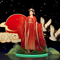 Elegant Traditional Chinese Female In Red Robe With Cranes Sun Clouds And Falling Petals