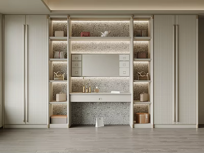 Elegant Modern Wardrobe Interior With Mirror Drawers Open Shelves And Marble Countertop 3d model