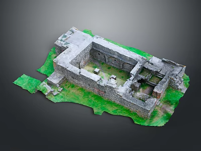 Scenic View of Ancient Castle Ruins With Green Grass Gray Stone Walls and Remaining Structures 3d model