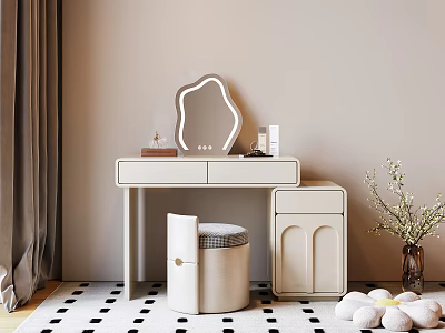 Elegant Dressing Table Interior With Curved Mirror Stool Cabinet And Flower Vase 3d model