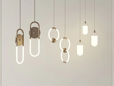 Modern Pendant Lights With Various Shapes Metal Frames And White Illuminated Shades On White Wall 3d model