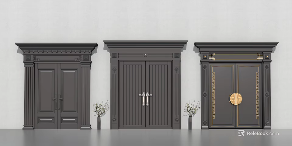Dark Colored Double Doors With Various Designs Decorative Elements Vases And Twigs On Wall Background 3d model 