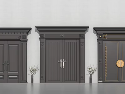 Dark Colored Double Doors With Various Designs Decorative Elements Vases And Twigs On Wall Background 3d model