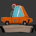 Orange Cartoon Car Refueling At Gas Station With Red Sign Green Text On Rock Platform