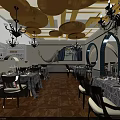 Elegant Classic Style Restaurant Interior With Dining Tables Chairs Chandeliers And Decorative Ceiling