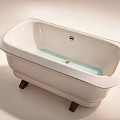 Simple Modern White Freestanding Bathtub With Wooden Legs And Light Blue Water