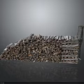 Stacked Wood Logs Pile Next To Stone Blocks In Dark Reflective Background