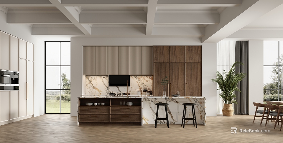 Modern Open Kitchen Interior With Marble Island Countertop And Wooden Cabinets 3d model 