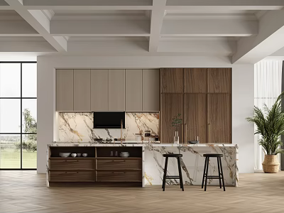 Modern Open Kitchen Interior With Marble Island Countertop And Wooden Cabinets 3d model