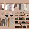 Clothing And Accessories Display With Hanging Dresses Bags And Shoes On Shelves