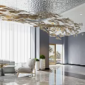 Modern Hotel Lobby With Silver Ceiling Chandelier Marble Wall White Sofas Green Plants Reflective Floor
