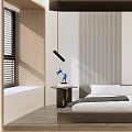 Modern Bedroom Interior With Platform Bed Framed Artwork Pendant Lighting And Wooden Floor