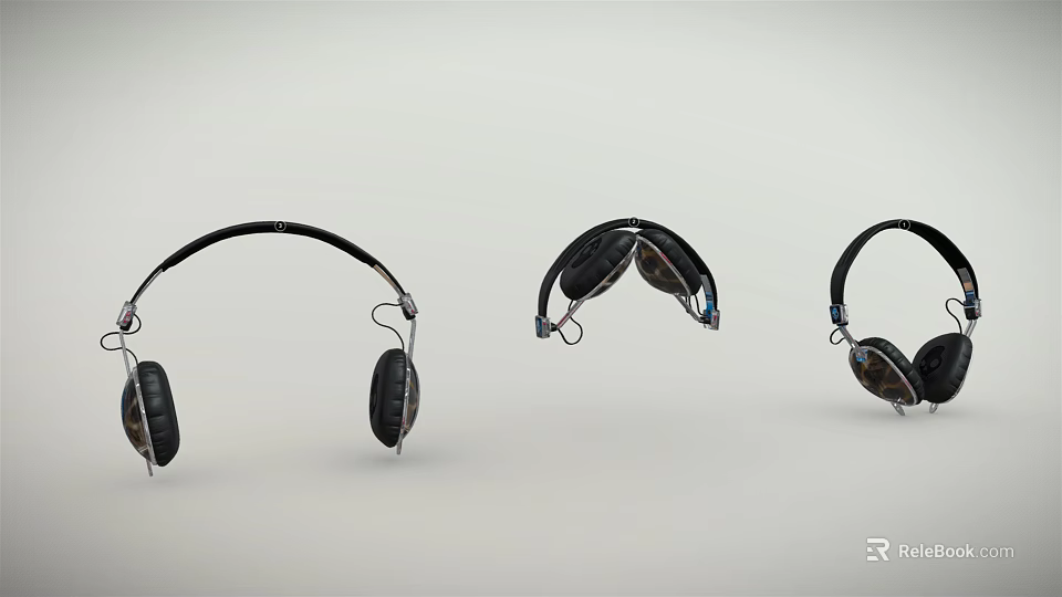 Three Black Over Ear Headphones Displayed From Different Angles On Grey Background 3d model
