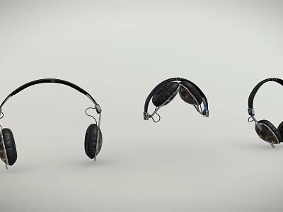 Three Black Over Ear Headphones Displayed From Different Angles On Grey Background 3d model