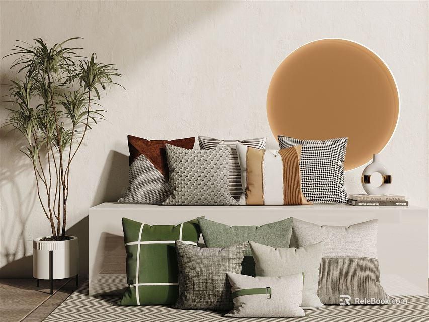 Checkered Patterned Pillows In Green Gray Beige On Sofa With Round Mirror And Potted Plant 3d model 