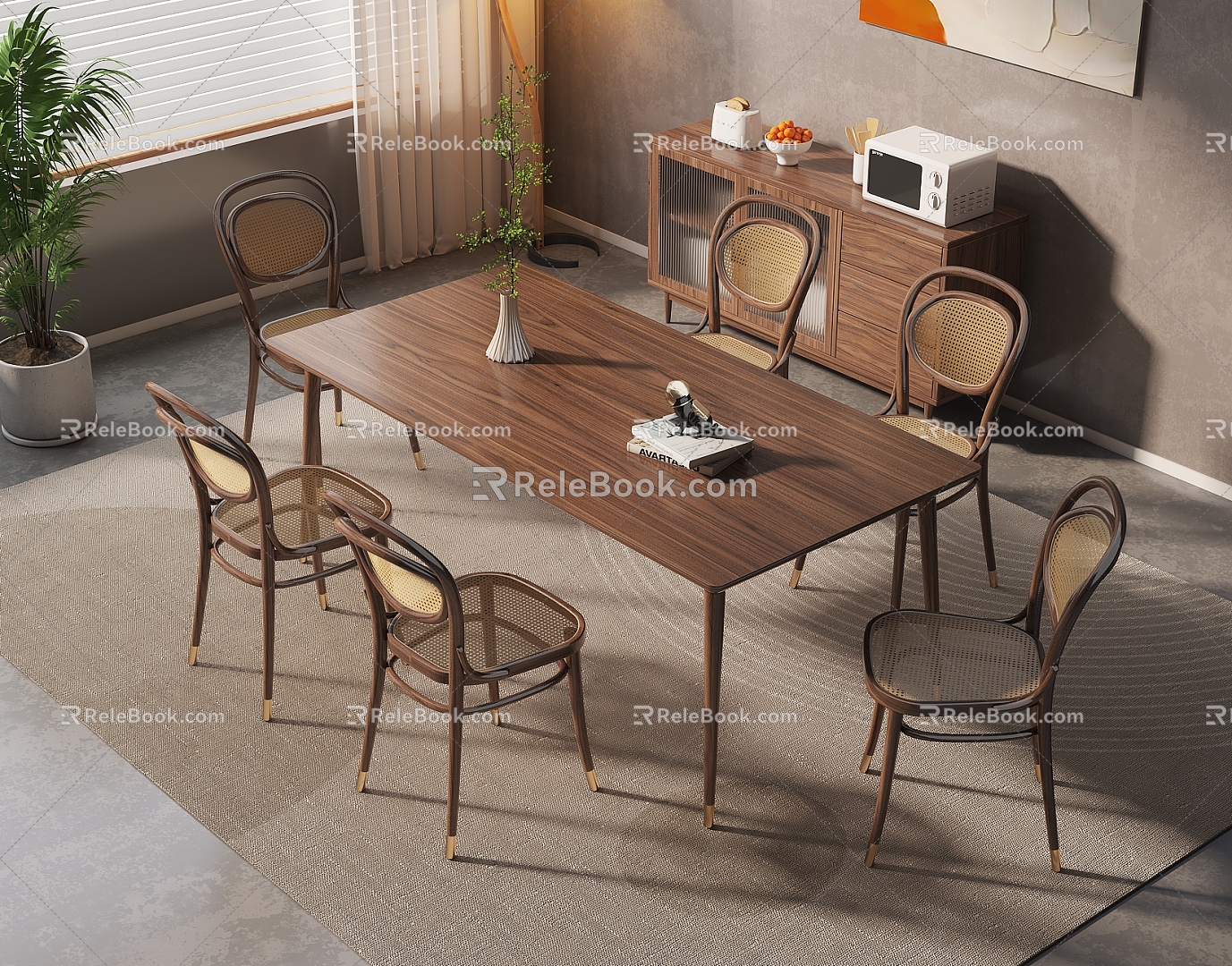 Quiet Chinese and Ancient Style Dining Table and Chair Combination Solid Wood Dining Table and Chair Rectangular Dining Table for Six Persons Rattan Dining Chair Sideboard 3d model