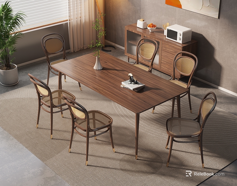 Wooden Dining Table Set With Rattan Chairs And Potted Plant Near Window 3d model 