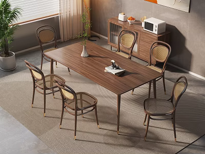Wooden Dining Table Set With Rattan Chairs And Potted Plant Near Window 3d model