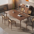 Quiet Chinese and Ancient Style Dining Table and Chair Combination Solid Wood Dining Table and Chair Rectangular Dining Table for Six Persons Rattan Dining Chair Sideboard 3d model