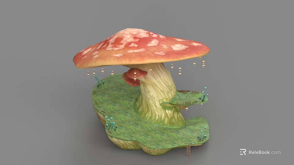 Cartoon Mushroom Scene with Red White Spotted Cap Green Base Tiny Steps and Water Droplets 3d model 