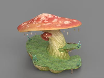 Cartoon Mushroom Scene with Red White Spotted Cap Green Base Tiny Steps and Water Droplets 3d model