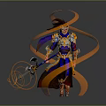 Armored Warrior Character With Mythical Beast Holding Sword And Orange Ribbons