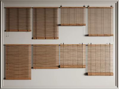 Wooden Window Blinds Various Styles Displayed On White Wall For Home Decoration 3d model