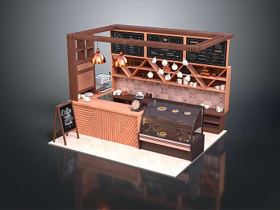 Wooden Coffee Bar Interior With Menu Board Pendant Lights And Display Shelves 3d model