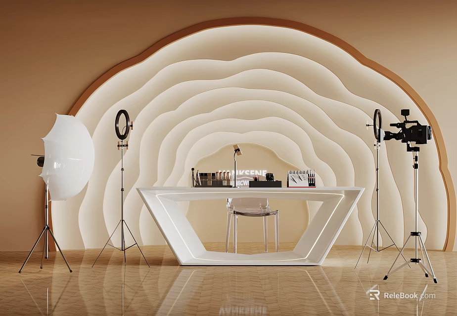 Modern Indoor Scene With Beige Brown Tones Wavy Wall White Hexagonal Table And Photography Lights 3d model 