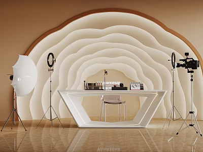 Modern Indoor Scene With Beige Brown Tones Wavy Wall White Hexagonal Table And Photography Lights 3d model