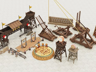 Ancient Chinese Wooden Architectural Structures with Towers Siege Engines and Dragon Patterns 3d model