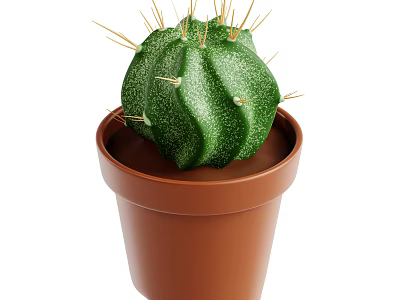 Green Spherical Cactus Plant With Sharp Spines In Brown Pot For Indoor Decor 3d model