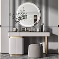 Elegant Modern Dressing Table Interior With Round Mirror Marble Top Stool And Cosmetic Bottles 3d model