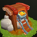 Cartoon Mining Forge With Wooden Structure Red Leather Straps And Glowing Blue Container 3d model