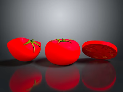 Fresh Red Ripe Tomatoes Whole And Sliced On Reflective Surface 3d model