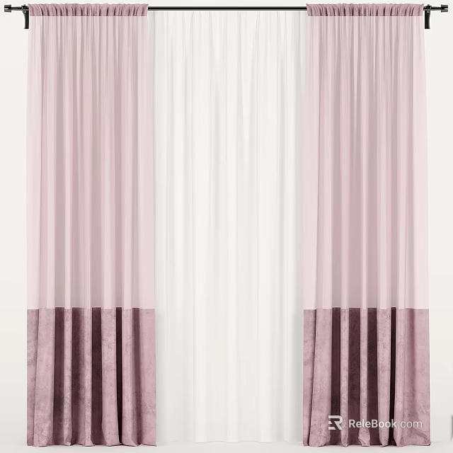 Elegant Layered Curtains With Pink Panels White Sheer And Velvet Hem 3d model 