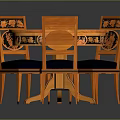 Round Wooden Dining Table With Decorative Inlay And Matching Chairs With Dark Blue Cushions