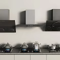 Modern Kitchen Appliances Featuring Range Hoods Gas Stoves And Covered Pots 3d model