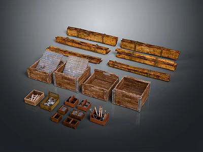 Wooden Storage Furniture With Various Sizes Crates And Divided Boxes 3d model
