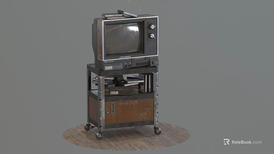 Vintage Television Set On Wheeled Wooden Cart With Small Items Below 3d model 