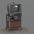 Vintage Television Set On Wheeled Wooden Cart With Small Items Below