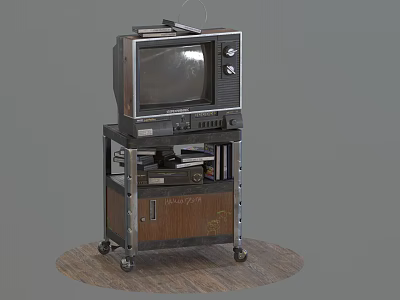 Vintage Television Set On Wheeled Wooden Cart With Small Items Below 3d model